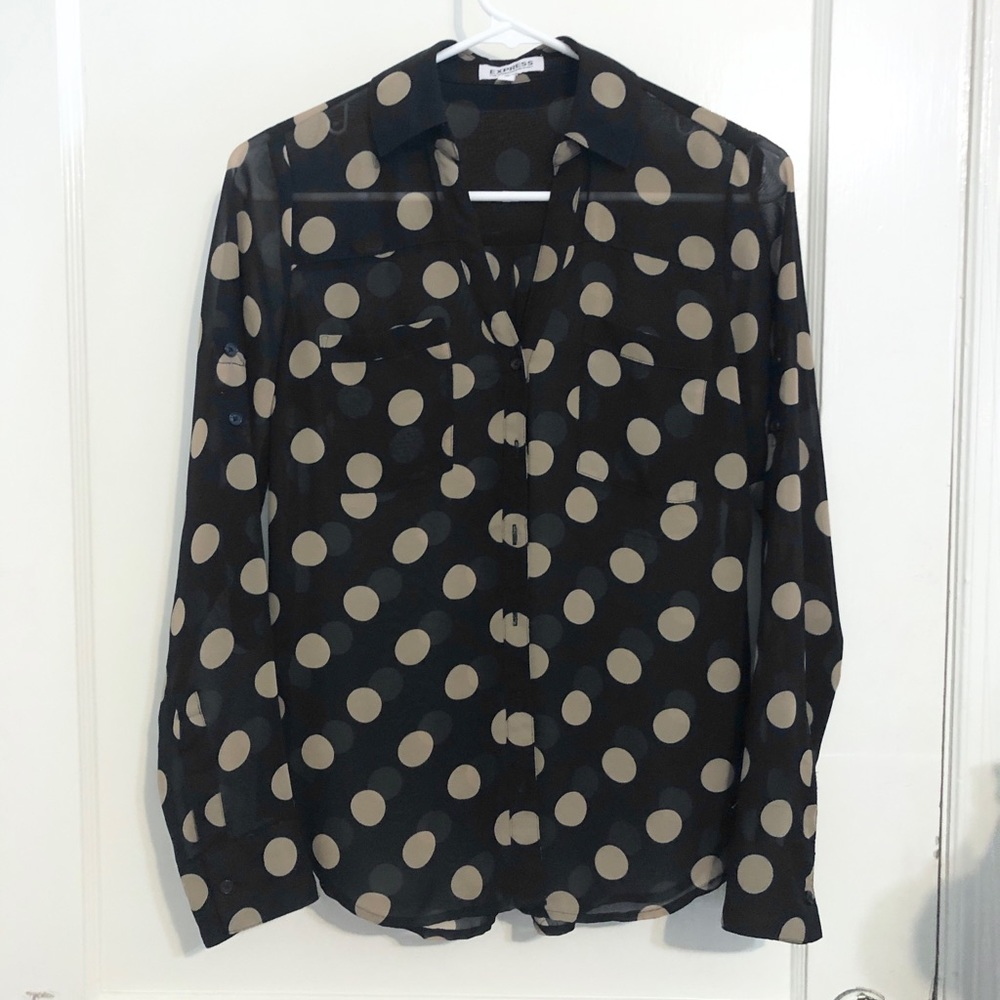 Express Portofino Sheer Button Down Black with Tan Polka Dots Size XS Shirt